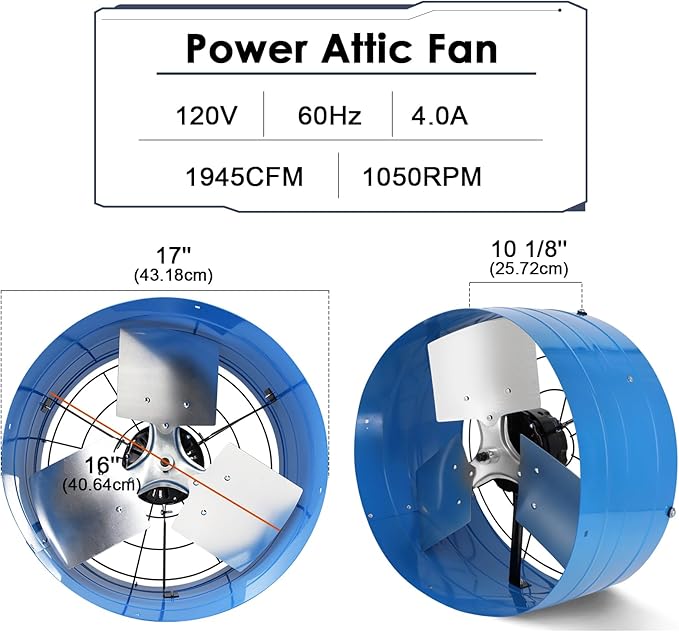 Hiorucet Gable Vent Fan with Adjustable Thermostat, 1945CFM 2500 SQF High Speed Low Noise Gable Mount Attic Exhaust Fan, 16 Inch Fan Blade and Permanently Lubricated Motor, Blue.