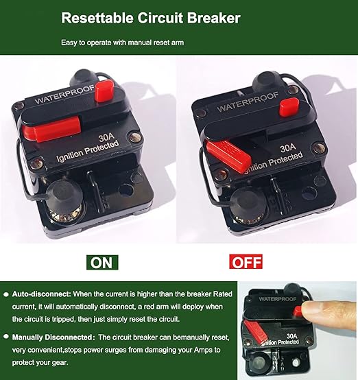 30 Amp Breaker Manual Reset Waterproof Inline Fuse Inverter for Car ATV Marine Trolling Motors Boat Power Protect 12V-48V DC, with Wire Lugs Copper Washer Screw