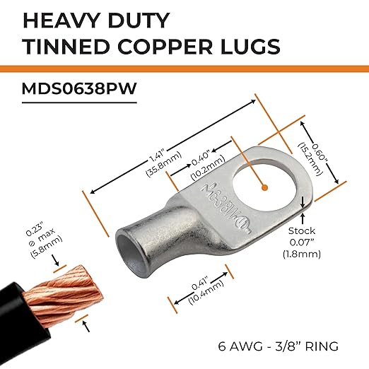 SELTERM 10pcs 6 AWG-3/8" Stud Tinned Copper Wire Lugs, Heavy Duty Battery Cable Ends,6 Gauge Ring Terminals, UL Battery Lugs Marine Grade Copper Eyelets Electrical Battery Terminal Connectors