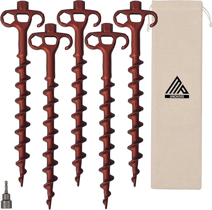 MightyPhine Heavy Duty Screw in Ground Anchors - Drillable Tent Stakes for High Wind - Metal Hex Pegs for Camping, RV Awning, Canopy, Trampoline, Gazebo - Impact Driver Compatible Lag Bolt Spikes