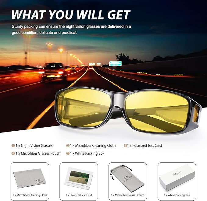 URUMQI Night Vision Driving Glasses Fit Over Eyeglasses for Men Women, Anti Glare Polarized Nighttime Glasses Yellow Lens