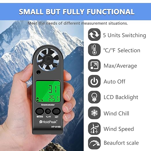 HOLDPEAK Pocket Anemometer Handheld Digital Wind Speed Meter Gauge Air Flow Velocity Temperature Measuring Device for Outdoor Sailing Surfing Drone Flying Golf Shooting HVAC 816B