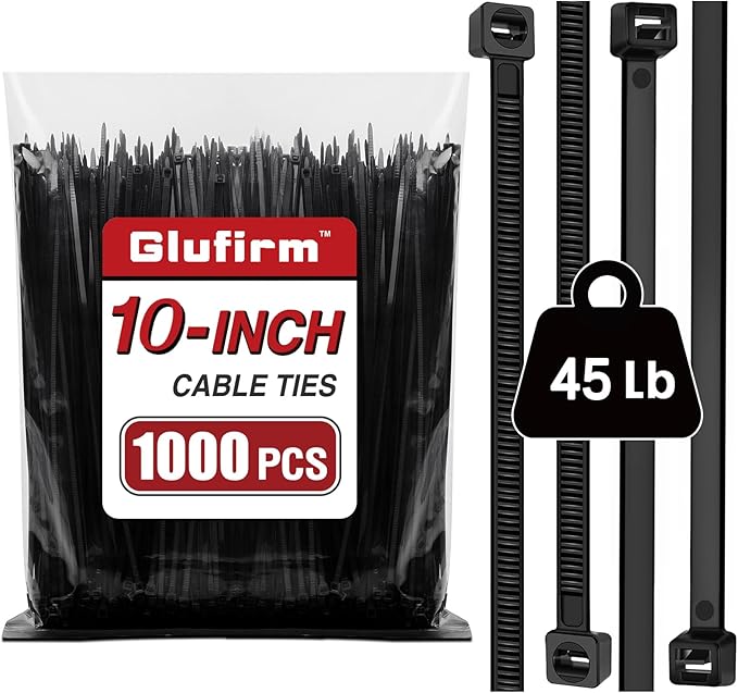 Zip Ties 10 inch (1000 Pack), Black Cable Ties, 45lb Tensile Strength, Wire Ties, Glufirm