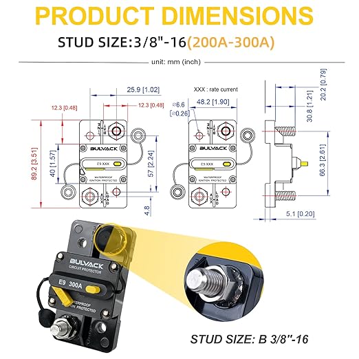 E9 3/8" Studs 300 Amp Circuit Breaker with Manual Reset for Automotive Boat ATV Vehicles Stereo Car Audio | 12V - 48V DC | Waterproof IP67 Switchable Hi-Amp 300A - Extended Surface Mount