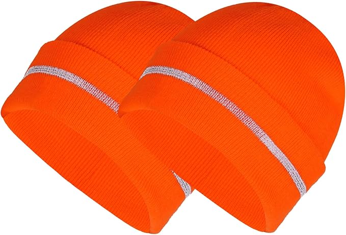 Sucrain 2 PCS Reflective Knit Hat Adult Safety Beanies Hats Warm Winter Knit Caps with Reflective Stripes for Outdoor Work