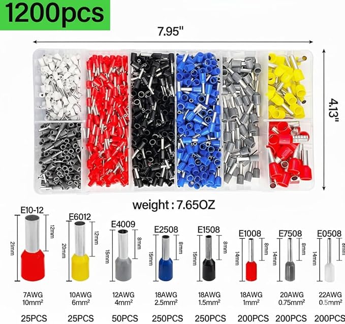 Ferrule Crimping Tool Kit - with 1200PCS Wire Connectors - AWG23-7 Self-adjustable Ratchet Wire Crimping Tool Kit Crimper Plier Set