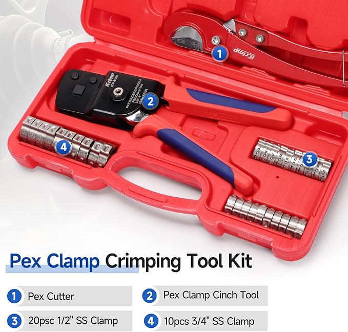 iCrimp One-Hand Crimping Tool Meets ASTM F2098, PEX Clamp Cinch Tool Kit with 20PCS 1/2-in, 10PCS 3/4-in PEX Clamps and Pipe Cutter- All in One