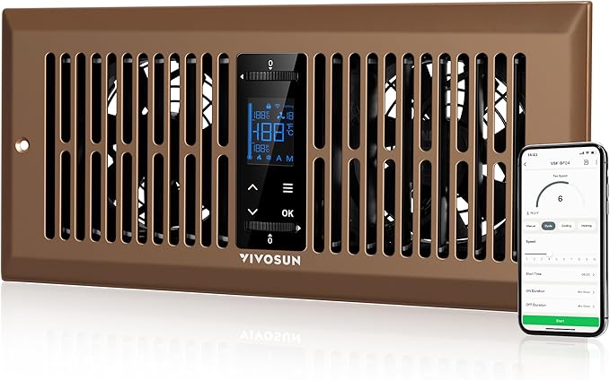 VIVOSUN Quiet Register Booster Fan for 𝟒" 𝐱 𝟏𝟎" Holes, Cooling Heating Vent Fan with 10-Speeds App Control &Adjustable Wind Direction, Thermostat Control for Bedroom, Bathroom &Attic, Brown