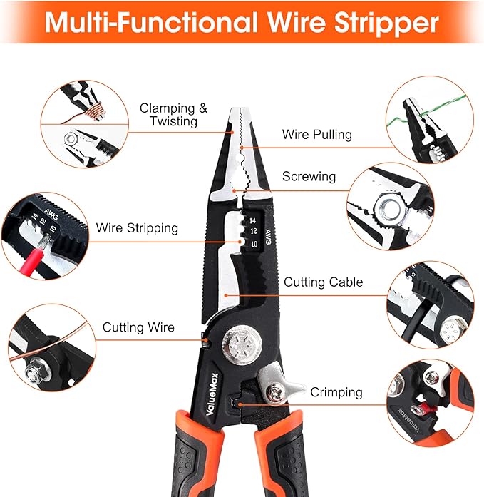ValueMax 6-in-1 Wire Stripper and Crimping Tool, 8.5" CR-V Multifunctional Professional Cutter for Electric Cable