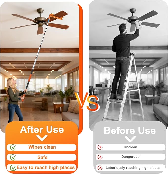20FT Reach Ceiling Fan Cleaner Duster, Fan Blade Cleaner Kit with 3-12FT Extension Pole, Microfiber Duster & Replaceable Cleaning Cloth for Blades, Ceiling, Furniture