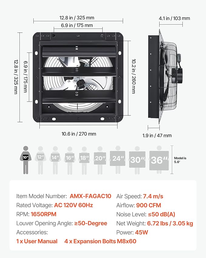 VEVOR 10'' Exhaust Fan, Wall Mounted Attic Fan with Variable Speed controller, 900 CFM, Automatic Shutter, Ventilation and Cooling, Black