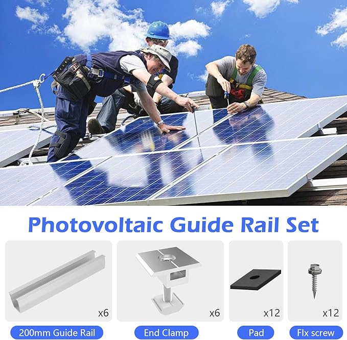 Solar Panel Roof Bracket Aluminium Solar Panel Mounting Rails Roof Rail Clamps PV Solar Mounting Rail Connector Installation Kit for Tin Roof, Flat Roof, Sheet Roof (6 x 200mm Rail + 6 x 30mm Clamp)