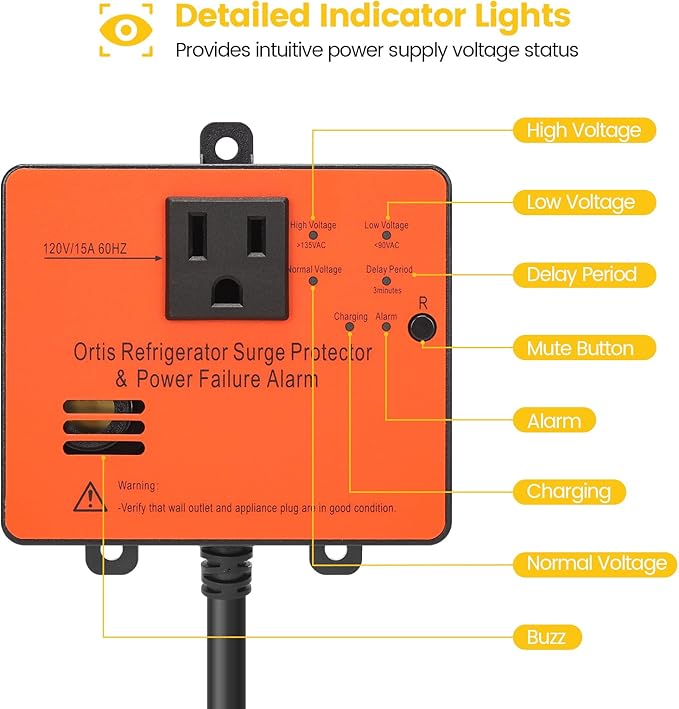Ortis Refrigerator Surge Protector & Power Failure Alarm, Protects Against Voltage Abnormalities, with LED Indicator Light & 110dB Alarm, Ideal for Refrigerators, Freezers, and Sewage