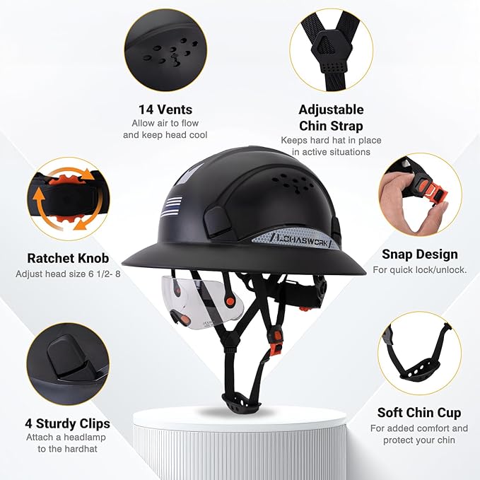 Full Brim Hard Hat Construction OSHA Approved Vented Hard Hat Cascos De Construccion Adjustable Cool Vent Work Safety Helmet for Men and Women