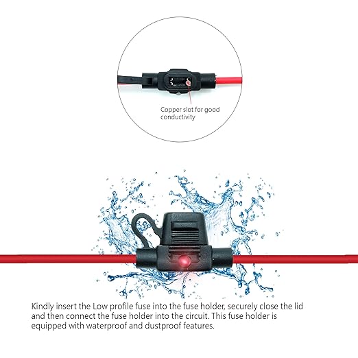 Waterproof in-line Low Profile LED Fuse Holder,12 AWG for Automotive, Marine（5 Pack）