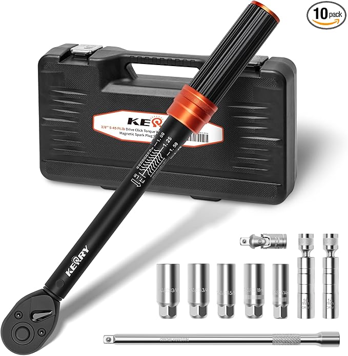 Kerry 10PCS 3/8'' 5-45 Ft.lb Drive Click Torque Wrench Set with Magnetic Spark Plug Socket and 10'' Extra-Long Extension Bar, Universal Joint, 3% Accuracy 72 Tooth Dual-Scales Precision Tool for Car