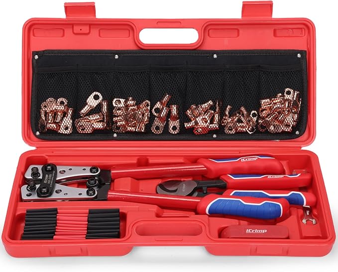 iCrimp Battery Cable Lug Crimping Tool Kit with Wire Cutter & Stripper for 8-1/0 AWG - 63pcs Copper Lugs & 25pcs Heat Shrink Tubes