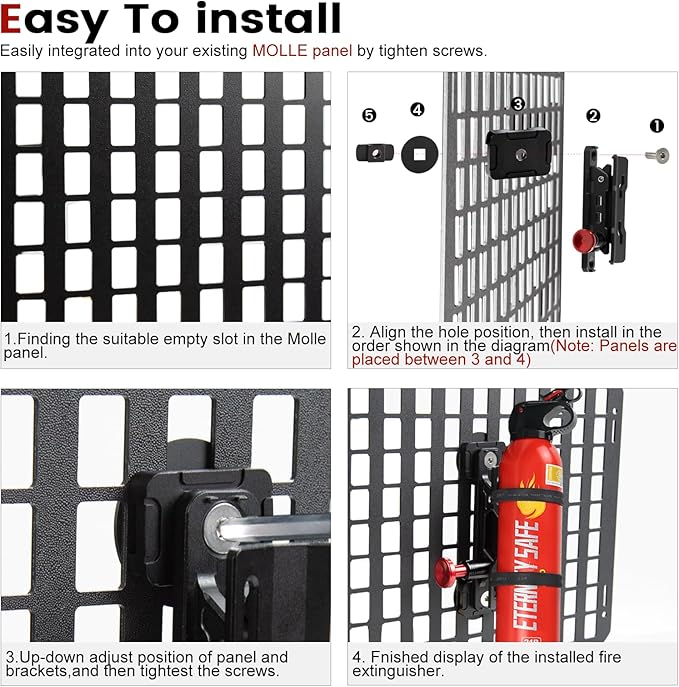 Molle Panel Fire Extinguisher Mount - Tactical Car Quick Release Fire Extinguisher Bracket Accessories Mounting Bracket Kits Fits 1-2 in Slots Holes for Trucks Vehicles Gear Molle Accessories