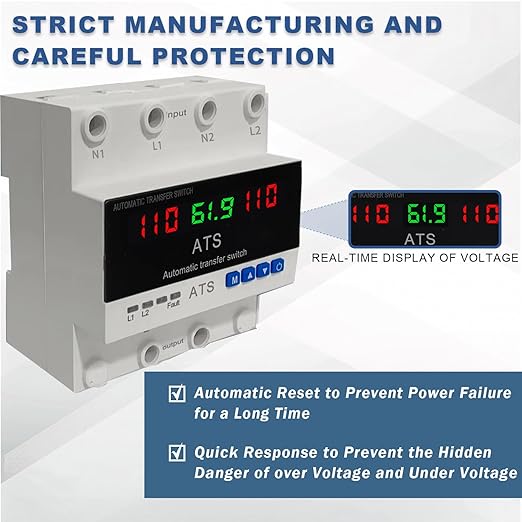 2P Automatic Transfer Switch with LCD Display, 63A 110V Double Power ATS with 3 Digital Displays for Input Real-Time Volrage/Current Monitoring, Automatic Changeover for Utility/Generator/Solar
