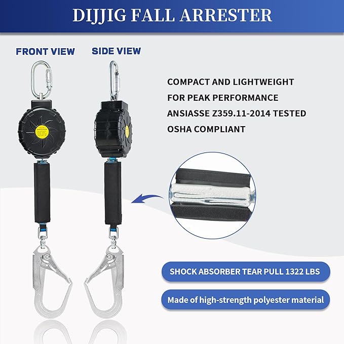 6FT Fall Protection Retractable Lanyard, Self Retracting Lifeline Construction Lanyard Fall Arrest Safety Roofing Heavy Duty Leading Positioning (Large Hook)