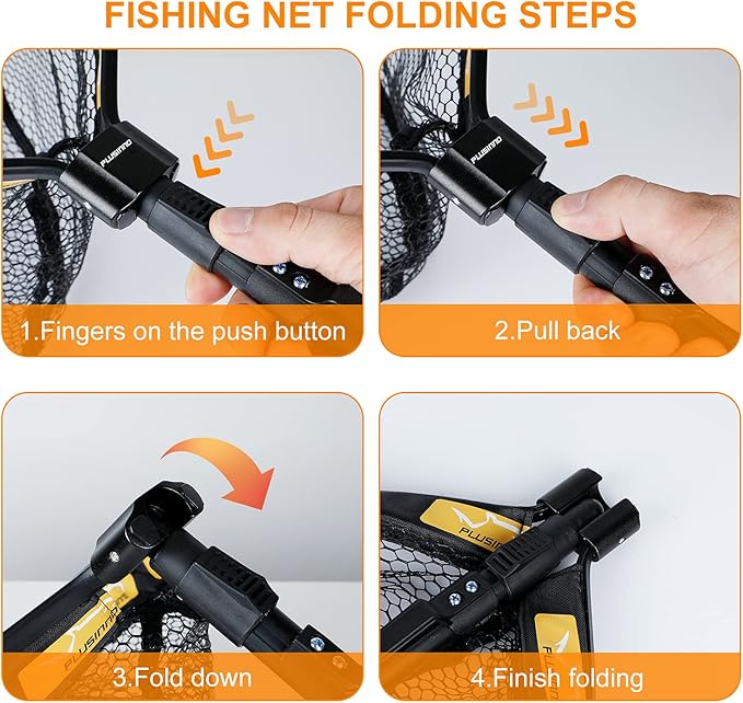 PLUSINNO Fishing Net Fish Floating Landing Net, Kayak Nets with Fixed Foldable Telescopic Pole Handle, Bass Trout Fishing Nets with Nylon Mesh for Pond Lake River, Fishing Gear Gifts for Men Anglers