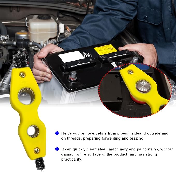 Battery Terminal Cleaning Brush, 4 in 1 Anti-Corrosion Car Battery Cleaner, Vehicle Battery Terminals Machine Parts Cleaning Tool for Auto Marine, Universal Car Accessories (Yellow)