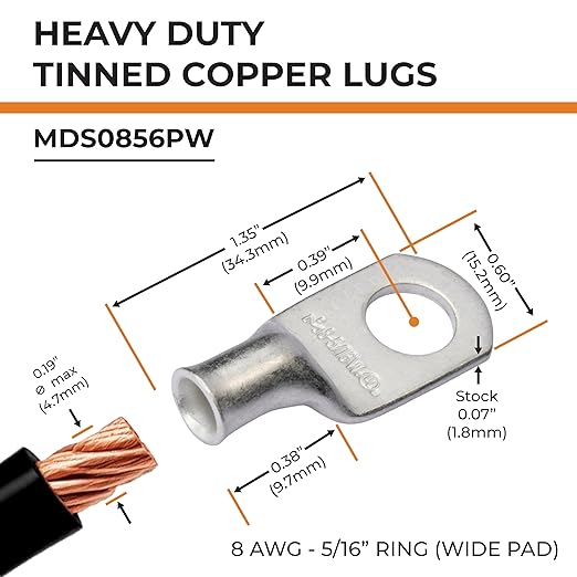 SELTERM 2pcs 8 AWG 5/16" Stud (Wide Pad) Tinned Copper Wire Lugs, Ring Terminals, Battery Cable Ends, 8 Gauge Ring Terminal Connectors, UL Marine Grade Battery Terminal Connectors