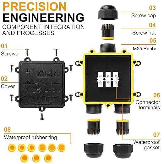 IP68 3Way Waterproof Junction Box Outdoor,3-Way Waterproof Splice Box Outdoor with 3 Cable M25 Gland Wire Connector, Extension Electrical Cable Protector for Diameter Cable Ø4-14mm Black
