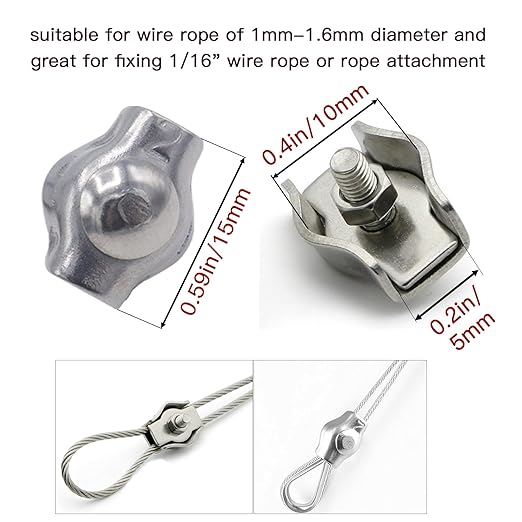 20pcs M2 Stainless Steel Simplex Wire Rope Clip Cable Clamp, Single Bolt Wire Cable Clamps, 1-Post Wire Rope Clip for 1/16 Inch Diameter Wire Cable