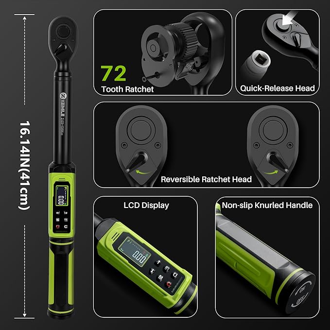 Digital Torque Wrench 3/8"Drive-1.5-99.6Ft.Lb/2.02-135N.m,Electric Torque Wrench With Vibration Buzzer LED Indicator,±2% Accuracy Five Units for Bike Motorcycle Car Auto Repair,DIY,Green Black