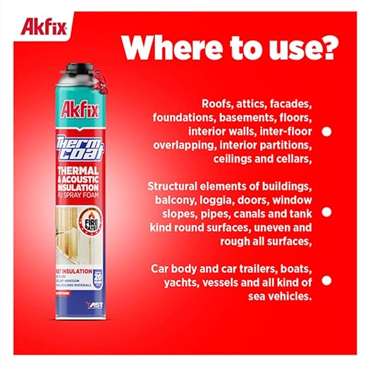 Akfix Thermcoat Fire Rated Spray Foam Insulation 120 sq ft (6x27.1 oz) - (R-Value 11.32/2 inch) Closed Cell Expanding Wide Sealant Thermal Insulation for Walls and Attic - Gun&Cleaner NOT Included