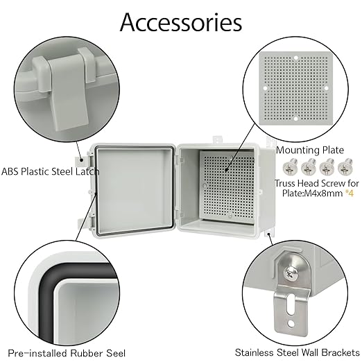 Junction Box IP65 Waterproof Electrical Box Outdoor ABS Plastic Project Box Hinged Shell Universal Enclosure Box with Mounting Plate, Wall Brackets, Cable Glands 5.9" x 5.9" x 3.5"