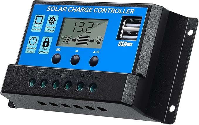 FLYING LION 30A12V/24V Solar Charge Controller PWM Solar Panel Regulator with Adjustable LCD Display Dual USB Port Timer Setting PWM Auto Parameter