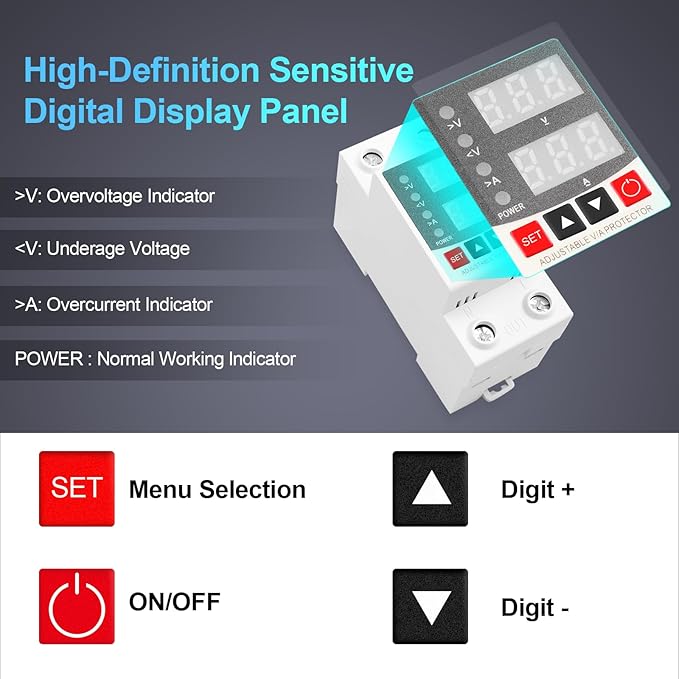 Adjustable V/A Protector Over/Under Voltage & Overcurrent Protection Intelligent Relay Reset Protector Voltage Output Stabilizer for Home Office Appliance, AC110V DC85-300V 63A, Din Rail Mount