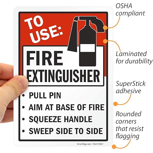 SmartSign (4-Pack) 7" x 5" 'to Use Fire Extinguisher - Pull Pin, Aim at Base, Squeeze Handle' Sticker Labels, 5 mil Laminated Polyester with SuperStick Adhesive, Red/Black/White, USA-Made