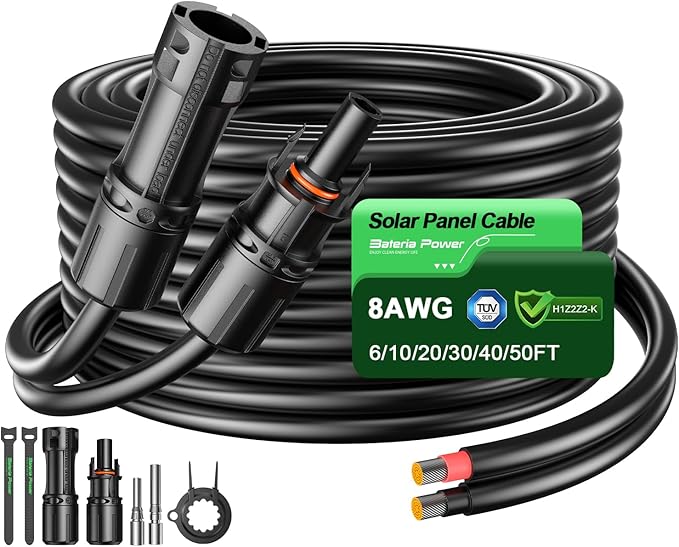 Bateria Power 20Ft 8AWG Solar Panel Extension Cable, 10mm² Twin Wire Conductor Parallel Solar Wire Adapter Kit with Waterproof Female & Male Solar Connectors for RV, Marine, Photovoltaic Systems