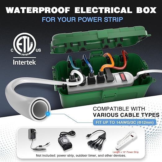 Flemoon [2 Pack] Outdoor Electrical Box Waterproof, Medium Weatherproof Electrical Box (11.5x5.2x4 inch) w/6 Cable Entry Ports, Extension Cord Cover for Power Strip, Timer, Plug, Holiday Light, Green