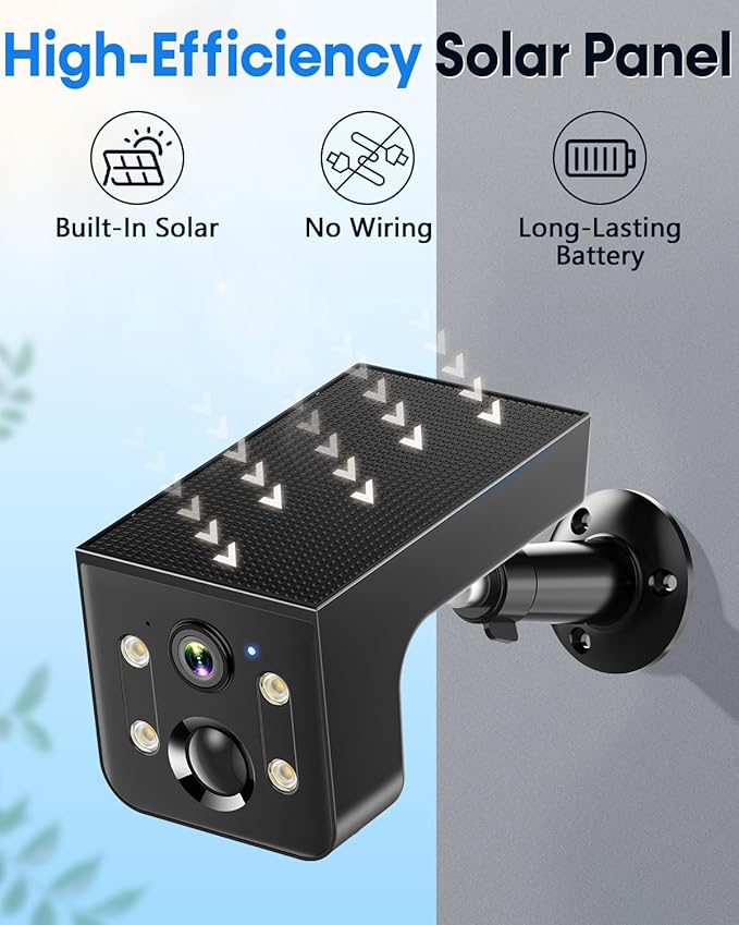 Solar Powered Camera Security Outdoor: AI Motion Detection 2K Outdoor Camera Wireless - Long Battery Life for Home & Business Monitoring(Black)