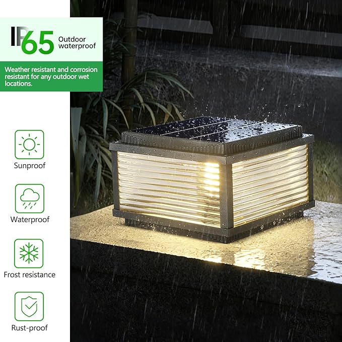 Outdoor Solar Column Lights Modern Tri Color Dimming Solar Post Cap Lights IP65 Waterproof Fence Deck Column Cap Light External Post Lights Aluminum Pillar Light Landscape Lighting Fixture