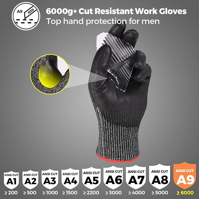 Donfri A9 Cut Resistant Work Gloves for Men, Safety Gloves for Men Touchscreen with Reinforced Thumb for Metal Glass Wood