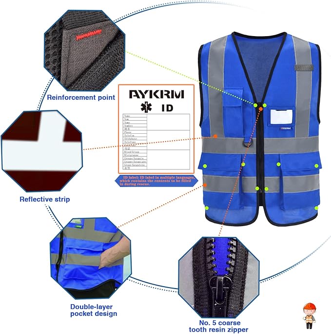 Reflective Security Safety Vests Heavy Duty with 7 Pockets and Front Zipper