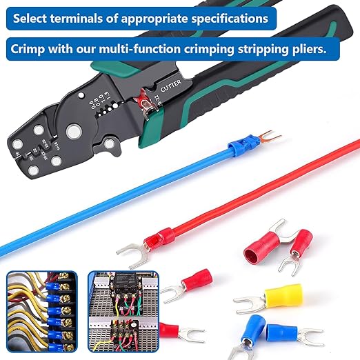 smseace 246pcs Crimping Tool with Fork Spade Connectors 3-Sizes M4/#8 22-10AWG Wire Fork Connectors U-Type Terminal Multifunction Wire Crimping Tool