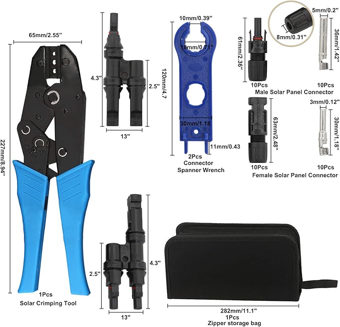 Homend Solar Panel Tools Kit Assembly Including 10 Pairs Female and Male Connectors, 2 Pieces Spanner, Y Branch Connector and Solar Crimping Tool