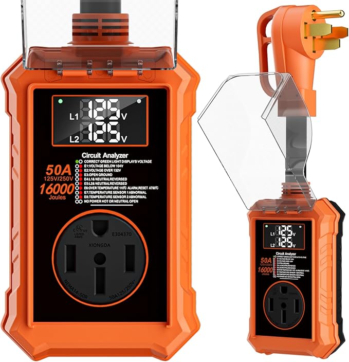 Rv Surge Protectors 50 Amp,16000 Joules Rv Circuit Analyzer with Waterproof Cover Safety Certification Led Display,Rv Voltage Protector for Camper, Travel Trailers (Orange, 50A)