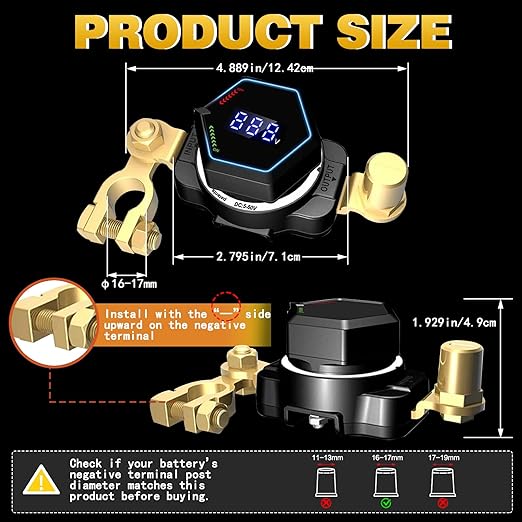 Top Post Battery Disconnect Switch with Voltmeter, DC 5-80V Master Isolator On Off Kill Switch Power Cut/Shut Off Switch for Marine Boat RV Car Truck Camper Trailer
