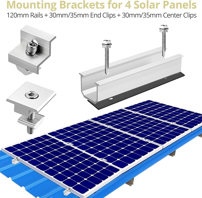 Anbte Solar Panel Mounting Brackets, Included 10 x 4.72 in Rails + 4 end Clamps + 6 Center Clamps + 1 Wrench, Aluminum Solar Mounting Kit for 4 Panels, Waterproof, for Roof, RV, Boat, Silver