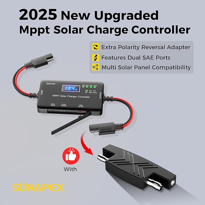 Sunapex MPPT Solar Charge Controller: 12V 10A Charge Controllers for Solar Panels with LCD Display LED Indicate Type-C USB Output - Smart Regulator for RV Boat Car Battery - Supports AGM Gel LiFePO4