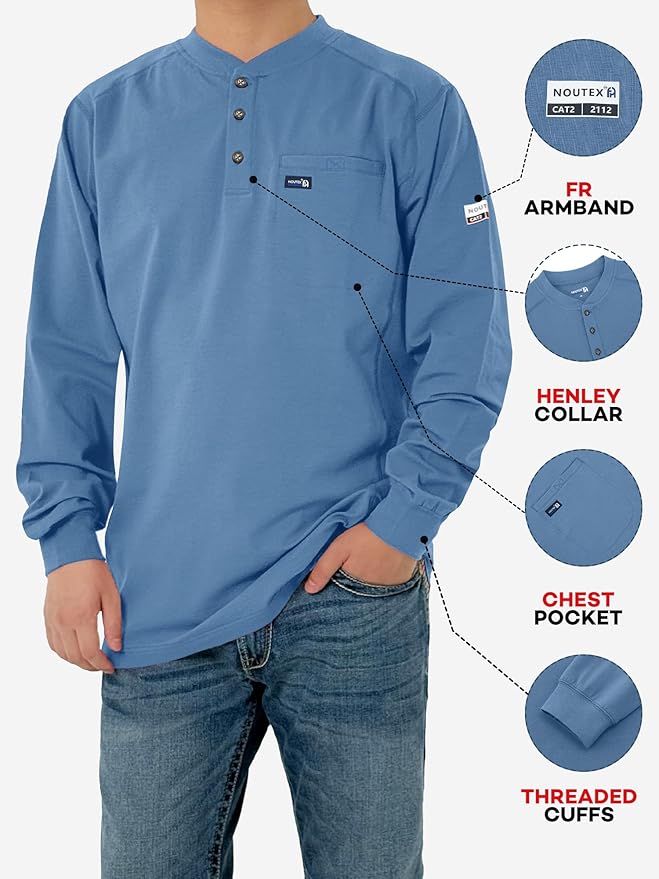 FR Shirts for Men 6oz Lightweight Stretch Work Shirt Flame Resistant Long Sleeve Henley Shirt CAT2