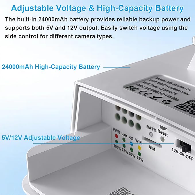 20W Solar Panel Kit with 24000mAh Battery for Security & Trail Cameras, 5V/12V Adjustable Output, USB-C & DC Plugs, IP66 Waterproof, 360° Mount