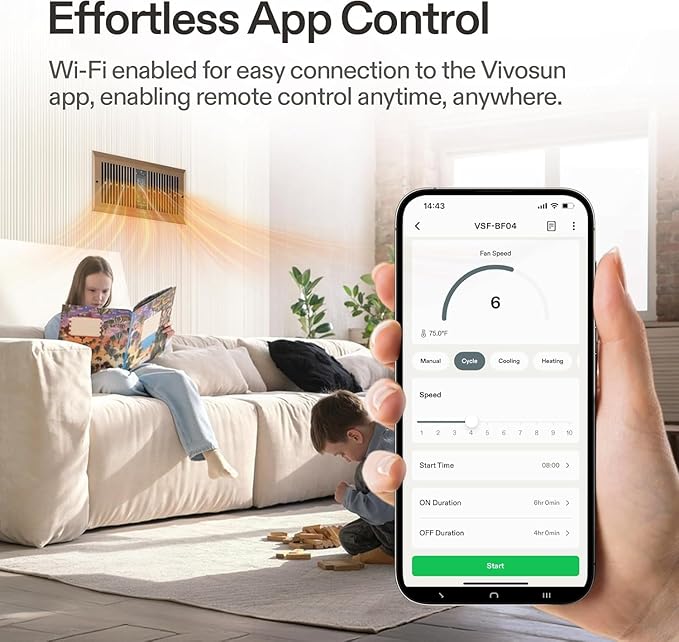 VIVOSUN Quiet Register Booster Fan for 𝟒" 𝐱 𝟏𝟎" Holes, Cooling Heating Vent Fan with 10-Speeds App Control &Adjustable Wind Direction, Thermostat Control for Bedroom, Bathroom &Attic, Brown